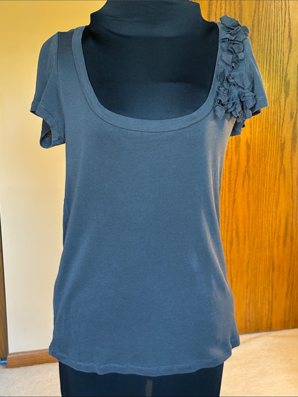J Crew Scoop Neck Short Sleeve Top with Shoulder Ruffle - Charcoal Large
